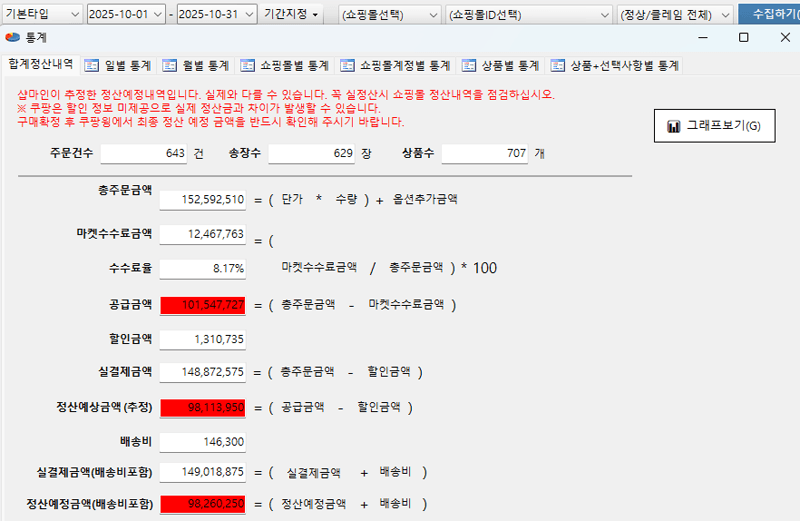 2025년 10월 정산 내역 화면